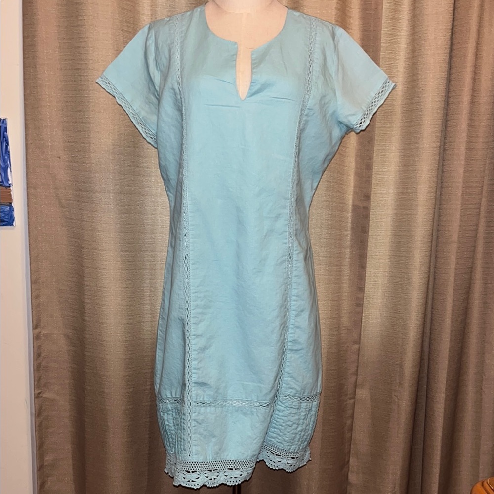 Vintage 60’s @ Zucar Blue Short Sleeve House Dress Crochet Lace Detail Womens XL